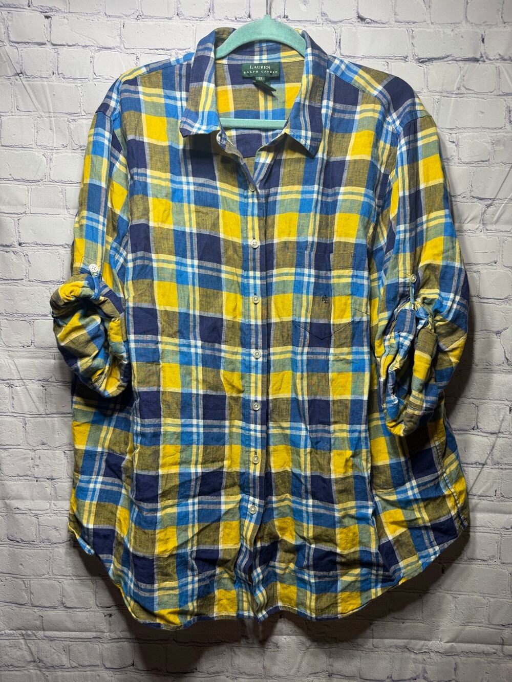 Lauren Ralph Lauren Womens Linen Plaid Button Down Sz 3X Blue Yellow